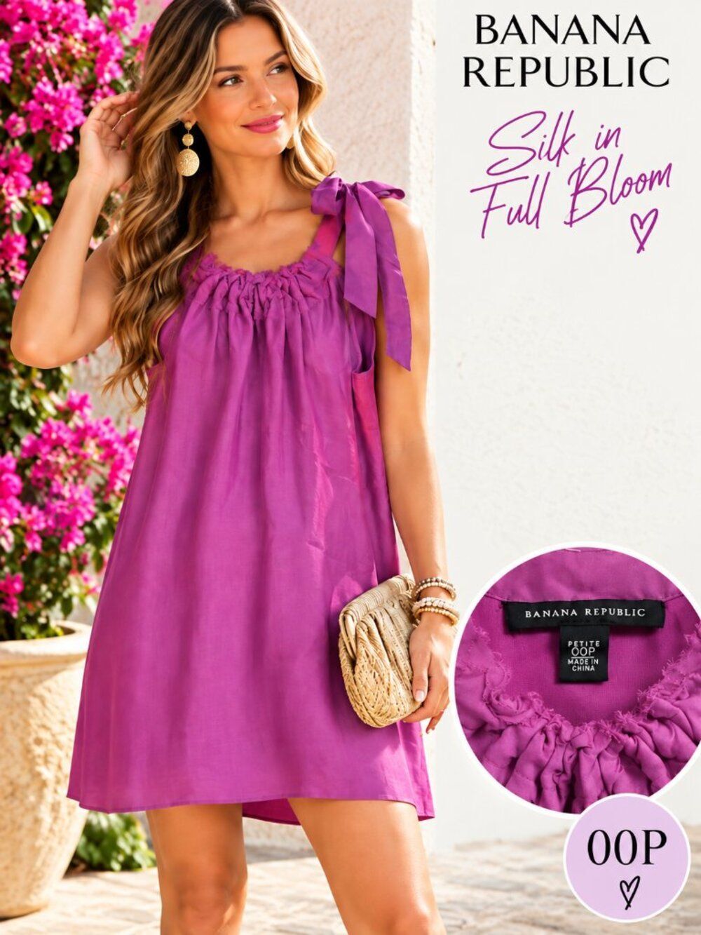 Banana Republic 00P Silk Dress Fuchsia Purple Ruffle Tie Shoulder Petite Mini